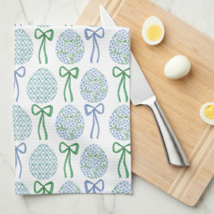 Preppy Blue and Green Easter Bows and Eggs Tea Towel