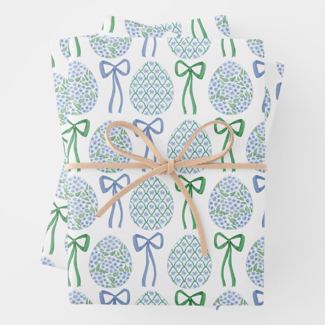 Preppy Blue and Green Easter Bows and Eggs Wrapping Paper Sheet (In situ)