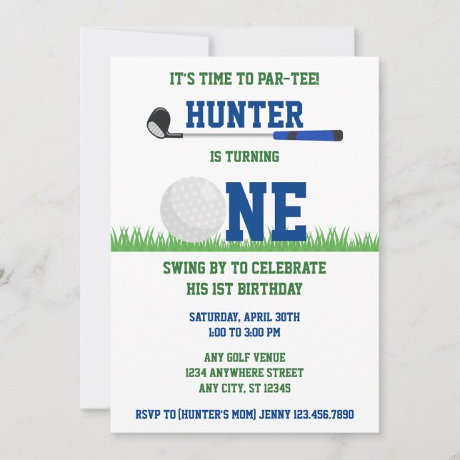 Preppy Blue and Green Golf Par-Tee 1st Birthday  Invitation (Front)