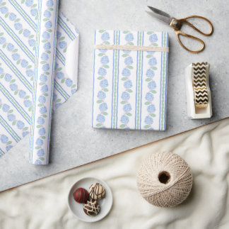 Preppy Blue and Green Hydrangea Stripe Wrapping Paper