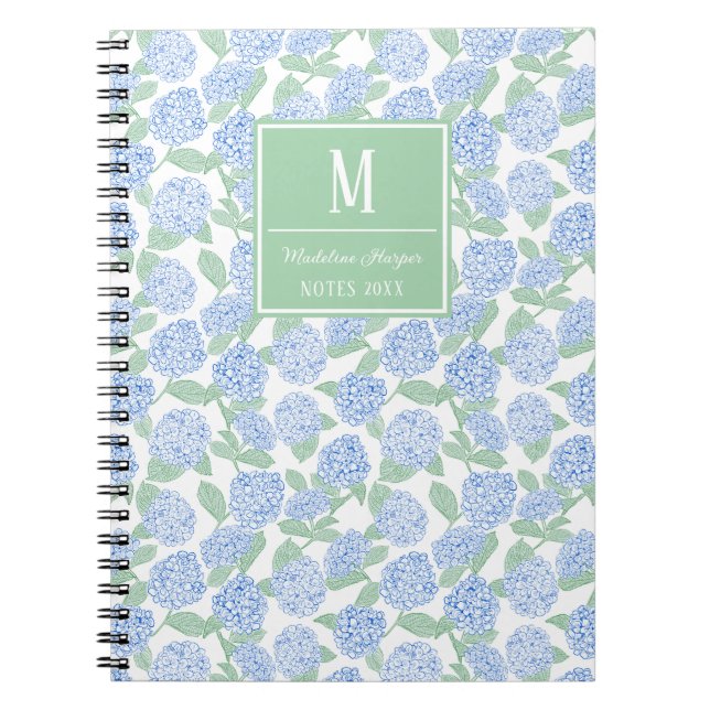 Preppy Blue and Green Hydrangeas Monogram Notebook (Front)
