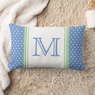 Preppy Blue and Green Polka Dot Monogram Lumbar Cushion