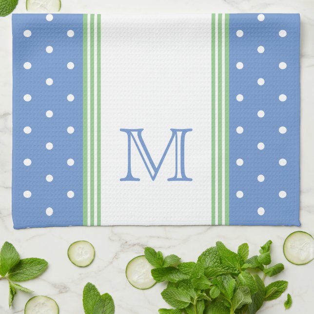 Preppy Blue and Green Polka Dot Monogram Tea Towel (Folded)