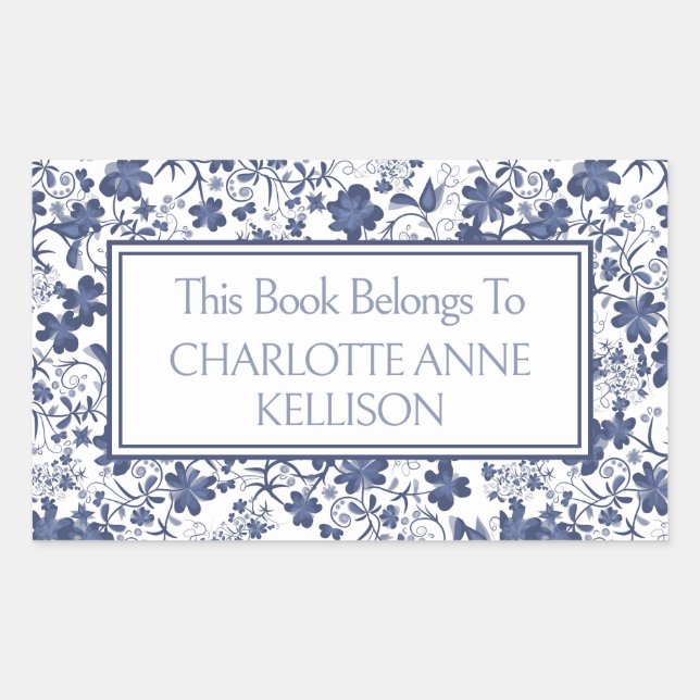 Preppy Blue and Grey Floral Bookplates Rectangular Sticker (Front)
