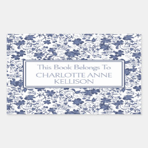 Preppy Blue and Grey Floral Bookplates Rectangular Sticker