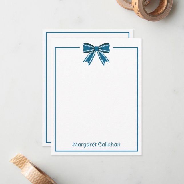 Preppy Blue and White Bow Personalised Card (Front/Back In Situ)