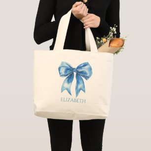 Preppy Blue and White Bow Personalised Large Tote Bag