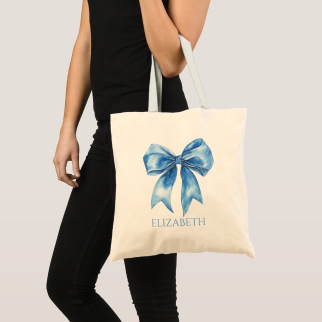 Preppy Blue and White Bow Personalised Tote Bag (Front (Product))