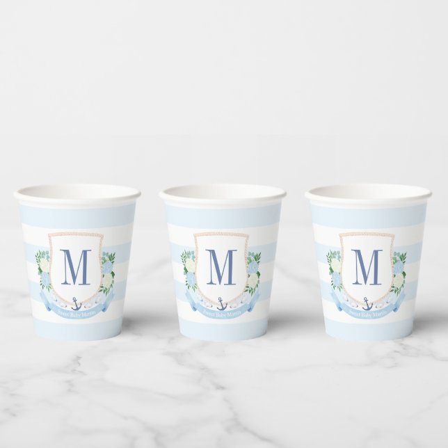 Preppy Blue And White Coastal Crest Baby Shower Paper Cups (Multi)