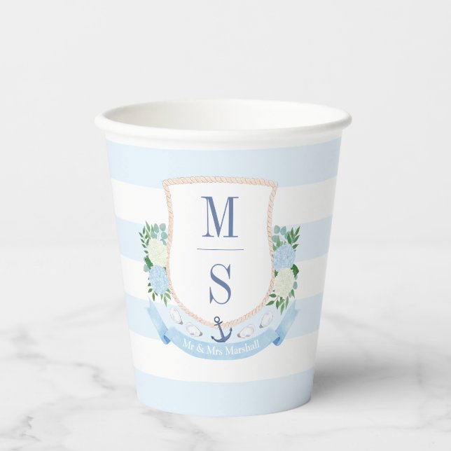 Preppy Blue And White Coastal Crest Baby Shower Paper Cups (Front)