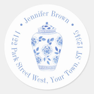 Preppy Blue And White Ginger Jar Return Address Classic Round Sticker