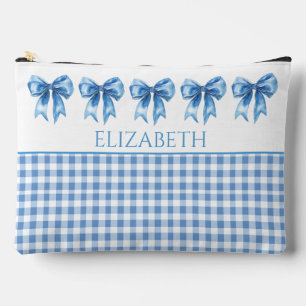 Preppy Blue and White Gingham and Bow Accessory Pouch