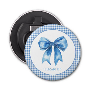 Preppy Blue and White Gingham and Bow Bottle Opener
