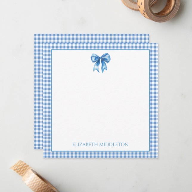 Preppy Blue and White Gingham and Bow Card (Front/Back In Situ)