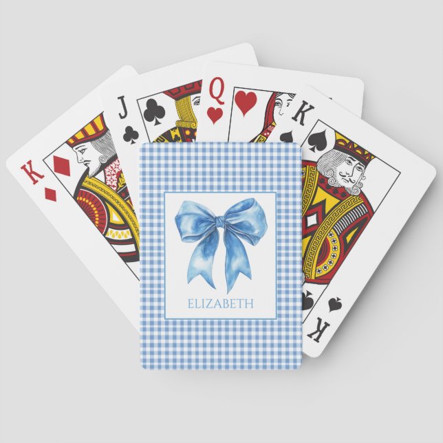 Preppy Blue and White Gingham and Bow Playing Cards (Back)