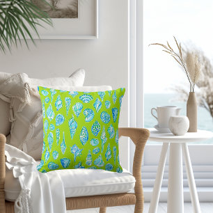 Preppy Blue and White Seashells / Coastal Lime Cushion