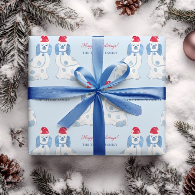 Preppy Blue And White Staffordshire Dogs Christmas Wrapping Paper (Blue and white chinoiserie staffordshire pottery dogs with Santa hats Christmas wrapping paper)