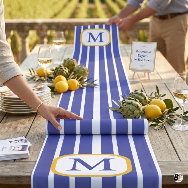 Preppy Blue and White Striped Gold Monogram Long Table Runner (#graduation)