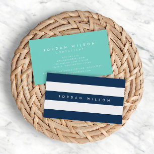 Preppy Blue and White Stripes with Turquoise Business Card