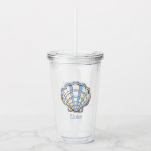 Preppy Blue and Yellow Plaid Scallop Seashell Acrylic Tumbler