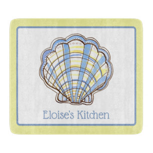 Preppy Blue and Yellow Plaid Scallop Seashell Cutting Board