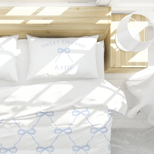 Preppy Blue Bow Sweet Dreams Decorative Cushion (Matching pillow and duvet cover)