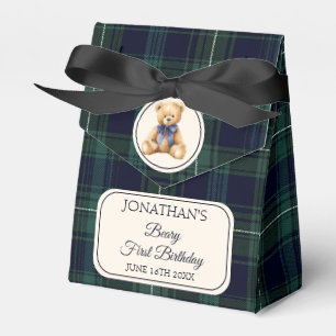 Preppy Blue Bow Teddy Bear Tartan Birthday  Favour Box