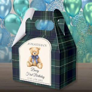 Preppy Blue Bow Teddy Bear Tartan Birthday  Favour Box