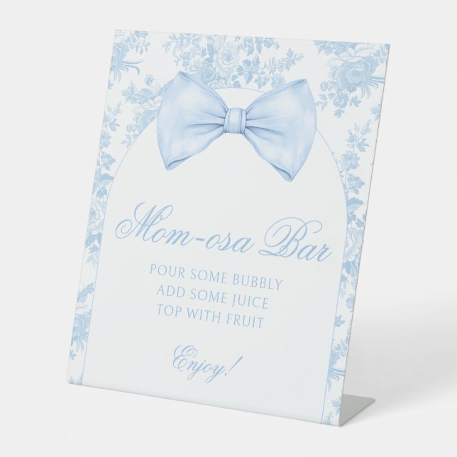 Preppy Blue Bow Tie Mimosa Mum-osa bar Baby Shower Pedestal Sign (Front)