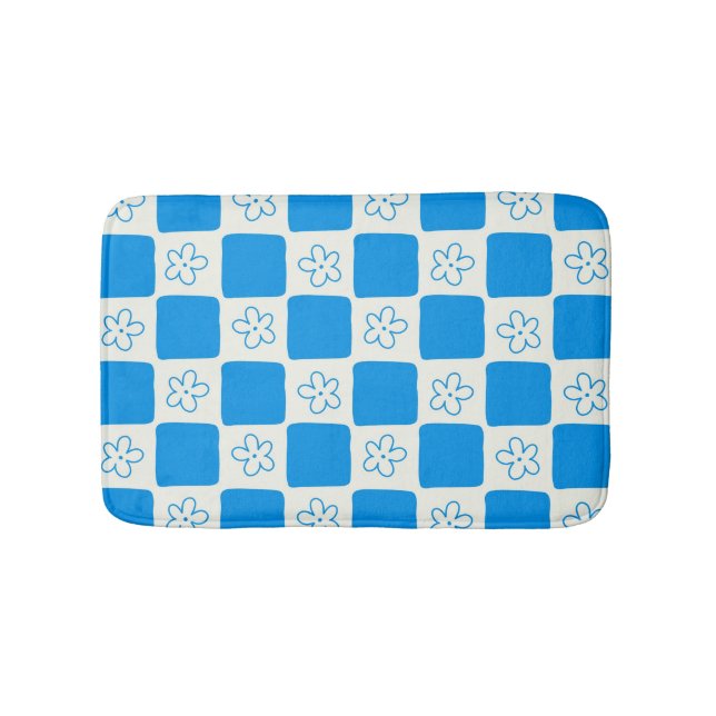 Preppy Blue Flower Chequered Pattern Bath Mat (Front)