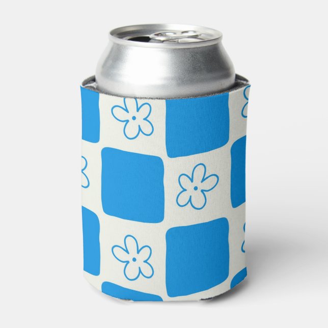 Preppy Blue Flower Chequered Pattern Can Cooler (Can Front)
