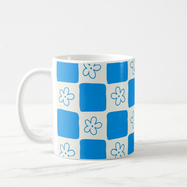 Preppy Blue Flower Chequered Pattern Coffee Mug (Left)