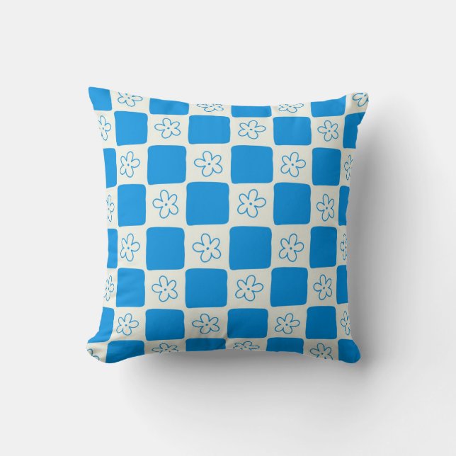 Preppy Blue Flower Chequered Pattern Cushion (Front)