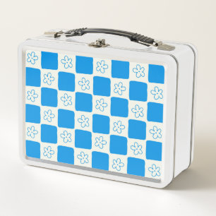 Preppy Blue Flower Chequered Pattern Metal Lunch Box