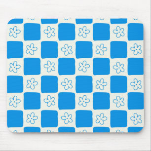 Preppy Blue Flower Chequered Pattern Mouse Mat