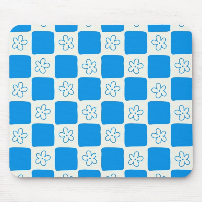 Preppy Blue Flower Chequered Pattern Mouse Mat (Front)