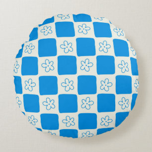 Preppy Blue Flower Chequered Pattern Round Cushion