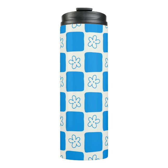 Preppy Blue Flower Chequered Pattern Thermal Tumbler (Front)