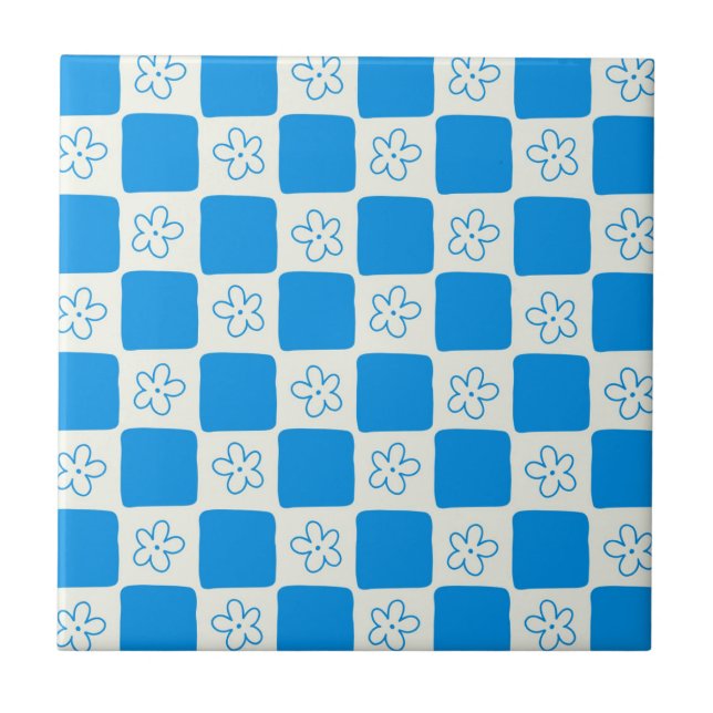Preppy Blue Flower Chequered Pattern Tile (Front)