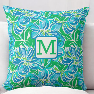 Preppy Blue Flowers Monogram Cushion
