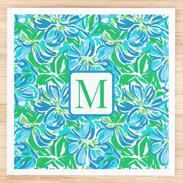 Preppy Blue Flowers Monogram Napkin (Creator Uploaded)