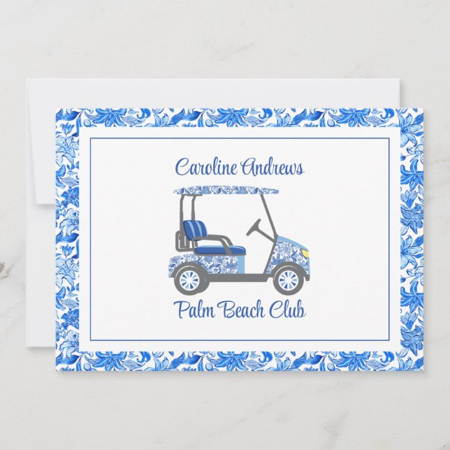 Preppy Blue Flowers Palm Beach Golf Cart Thank You Card (Front)