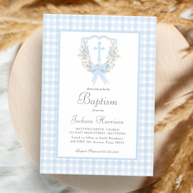 Preppy Blue Gingham Boy Baptism Invitation (Creator Uploaded)