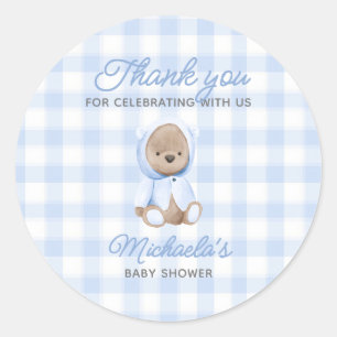 Preppy Blue Gingham & Teddy Bear Baby Shower Classic Round Sticker