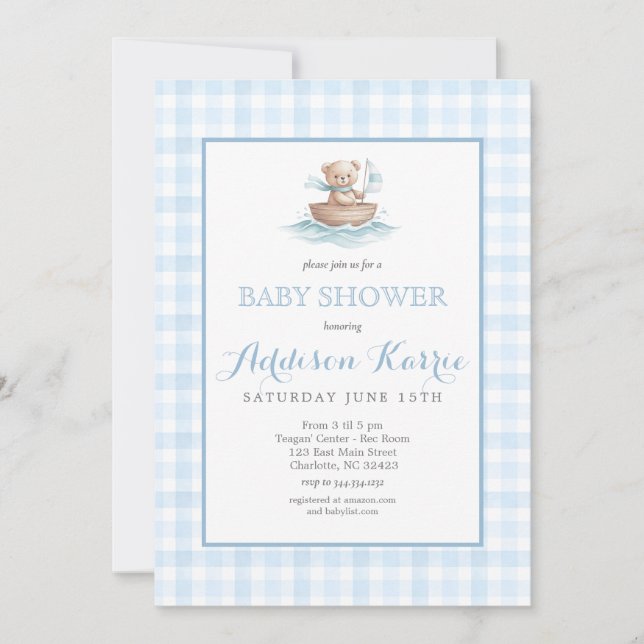 Preppy Blue Gingham Teddy Bear Baby Shower Invitation (Front)