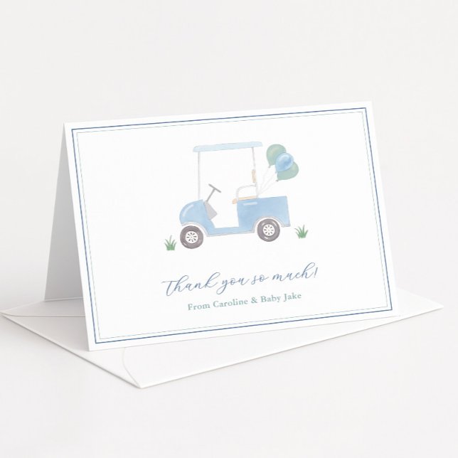 Preppy Blue Golf Cart Baby Boy Shower Thank You Card (Golf theme baby boy shower thank you card with pale blue golf cart and balloons)