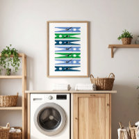 Preppy Blue Green Clothes Pins Laundry Room Art