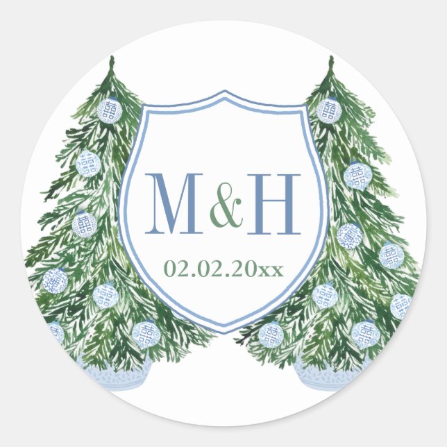 Preppy Blue Green Holidays Wedding Monogram Favour Classic Round Sticker (Front)