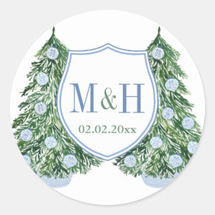 Preppy Blue Green Holidays Wedding Monogram Favour Classic Round Sticker