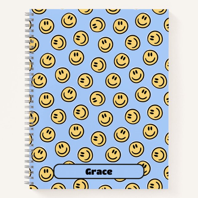 Preppy Blue Happy Face Smile Custom Aesthetic  Notebook (Front)